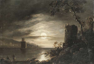 
	
		Attributed to Sebastian Pether, 
		British 1790-1844- 
		 
		Moonlit scene with...