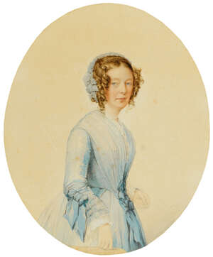
	
		Edward J Harding, British mid 19th century- Portrait of a lady in blue, three quarter...
