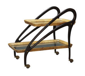 
	
		Aldo Tura (Italian 1909-1963), a two tier bar trolley, 
		c.1950,
		With two graduated...