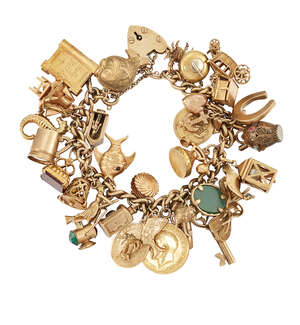 A 9ct. gold charm bracelet, of curb-link design with padlock clasp, suspending various mid 20th century gold charms including: a pendant-mounted George V  sove