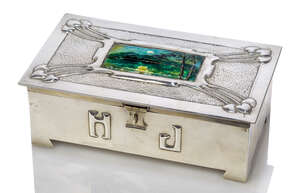 
	
		An Art and Crafts plated metal and enamel box with hinged cover, the enamel plaque...