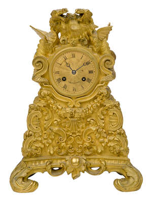 
	
		A French Restauration style gilt-bronze mantel clock, late 19th century, by T. LeBlanc,...
