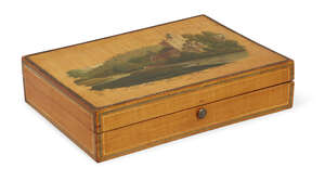 
	
		A painted pale satinwood rectangular card box, 19th century, the lid decorated with a...