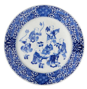 A Japanese Kameyama plate, 19th century, signed Matsushige Do, Chikuba Zo, depicting seven...
