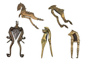 
	
		A group of five brass and steel zoomorphic betel nut cutters, India, late 18th-19th...