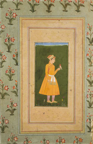 
	
		An album page: A Mughal youth with a bird,  North India, late 18th-early 19th century,...