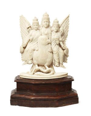 
	
		An ivory plaque of Krishna and Garuda, India, 19th century, of slightly curved form,...