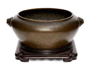 
	
		Chinese bronze censer, Xuande mark, 17th century, of bombe form, cast with Buddhist lion...