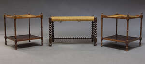 
	
		A pair of mahogany and leather two tier side tables, second half 20th Century, of square...