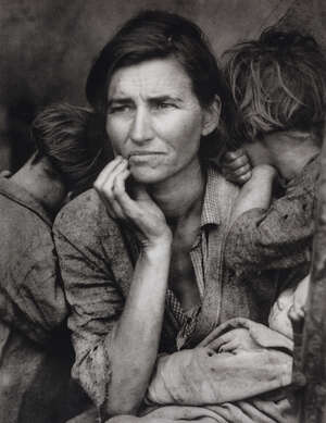 
	
		Dorothea Lange,
		American 1895-1965-
		 
		Migrant Mother, 1936;
		 
		photogravure...
