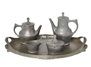 
	
		Kayserzinn, an Art Nouveau pewter matched coffee set 
		c.1900, maker's oval mark, 4402,...