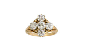 
	
		A late 19th century diamond five stone cross shaped cluster ring, composed of five...