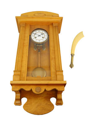 
	
		A modern pine regulator type wall clock, 20th century, the white enamel dial with Arabic...