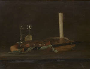 
	
		French School, 
		early 19th century- 
		 
		Still life of a chamber stick, a...