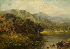 
	
		British School, late 19th century- Highland river with cattle and mountains beyond; oil on...