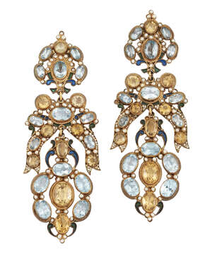 
	
		A pair of blue topaz, citrine and seed pearl vermeil drop earrings, probably by Percossi...