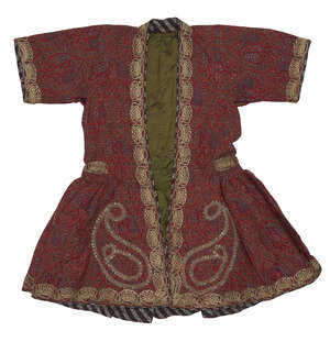 
	
		A child's robe, Iran, 20th century, gathered to waist, red with floral boteh design,...