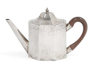 
	
		A George III silver tea pot, London, c.1774, Samuel Wood, of octagonal form with curved...
