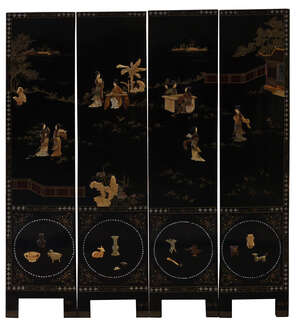 
	
		A Chinese four-panel lacquered, painted, and inlaid screen, 20th century, inlaid with...