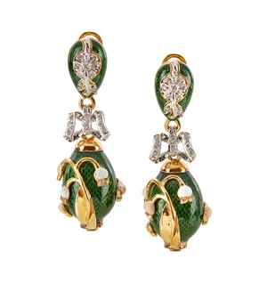 A pair of Italian enamel and diamond drop earrings, the drops designed as eggs, with a green...