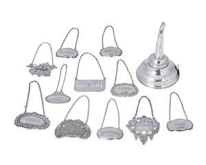 
	
		A silver wine funnel, London c.1975, together with nine silver wine/spirit labels and two...