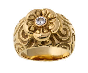 
	
		An 18ct gold diamond ring, by Elizabeth Gage, of floral and scroll design centring on a...