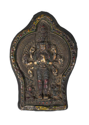 
	
		A Tibetan painted terracotta votive plaque, 19th century, depicting Ekadashalokeshvara,...