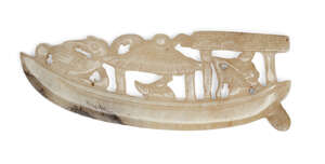 
	
		A Chinese greyish-green jade openwork boat carving, late 19th century, carved with two...