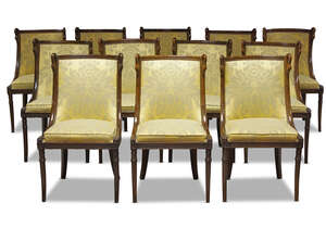 
	
		A set of six French Empire chaises gondole, together with six modern reproductions, the...