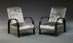 
	
		A pair of Art Deco style armchairs, mid 20th Century, re-upholstered in grey velour...