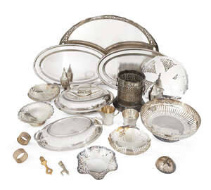 
	
		A large silver plated tray, with pierced sides, together with a number of silver plated...