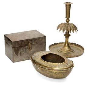 
	
		A Qajar engraved brass kashkul, sweets container and an engraved steel box, Iran, 19th