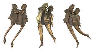 
	
		Three brass betel nut cutters in the form of embracing couples, India, late 18th-19th...