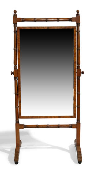 A Regency mahogany cheval mirror, c.1820, with globular finials and ring turned supports, raised...
