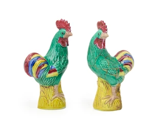 A pair of Chinese porcelain cockerels, Republic period, each with impressed serial number in...