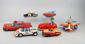 
	
		A collection of  tin plate toy cars, mostly 1960's, to include an Interkozmosz space car,...