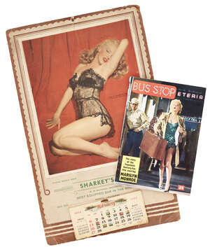 
	
		Marilyn Monroe, a promotional calendar for 1955 for Sharkey's Bar, with a portrait of...