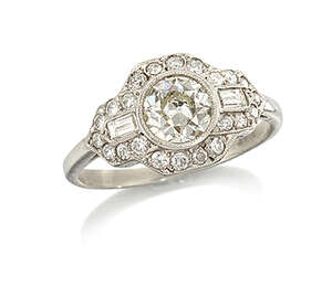 
	
		A platinum diamond single stone ring, with central millegrain-set old-brilliant-cut...