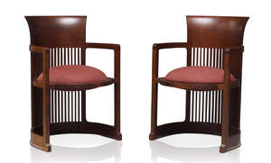 
	
		After Frank Lloyd Wright, a pair of cherry wood 'Barrell' chairs for Cassina 
		c.1986,...