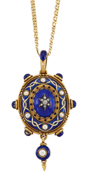 
	
		A Victorian gold, enamel, diamond and half-pearl locket pendant, the central blue enamel...