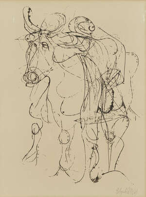 
	
		Robert Colquhoun,
		Scottish 1914-1962-
		 
		Bull;
		 
		pen and black ink on grey...