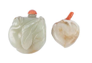 
	
		Two Chinese pale green jade 'peach' snuff bottles, late Qing dynasty, each carved as a...