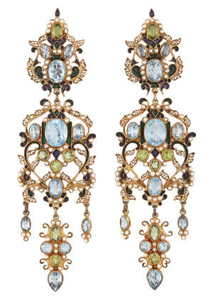 
	
		 A pair of enamelled blue topaz, peridot and seed pearl drop earrings, probably by...