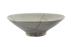 A Chinese celadon bowl, Song/Yuan dynasty, of conical form, with allover bluish/green glaze, attractive kintsugi gold lacquer repairs, 13cm diameter