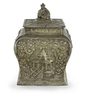 
	
		A Chinese pewter tobacco jar, early 20th century, repoussé-decorated with figures in...