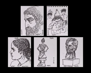 Jogen Chowdhury, (Indian b. 1939-),Five ink studies: Bearded man (Toronto); Standing woman; Head...