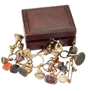Collection of antique fob seals and two diamond set bar brooches and a pendant, fob seals include a late 17th early 18th century gold seal with banded agate ma