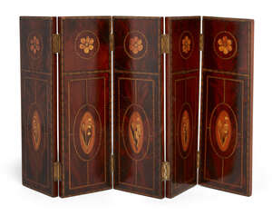
	
		A late Victorian inlaid and painted satinwood five-leaf table screen, each panel...