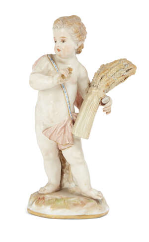 
	
		A 19th Century Meissen putto, holding a sheaf of corn, marks to base, 13cm high. 

	

