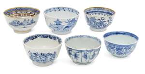 Six Chinese porcelain tea bowls, 18th-19th century, four painted in underglaze blue with abstract coastal landscapes and foliate blooms, some bearing 'Hatc